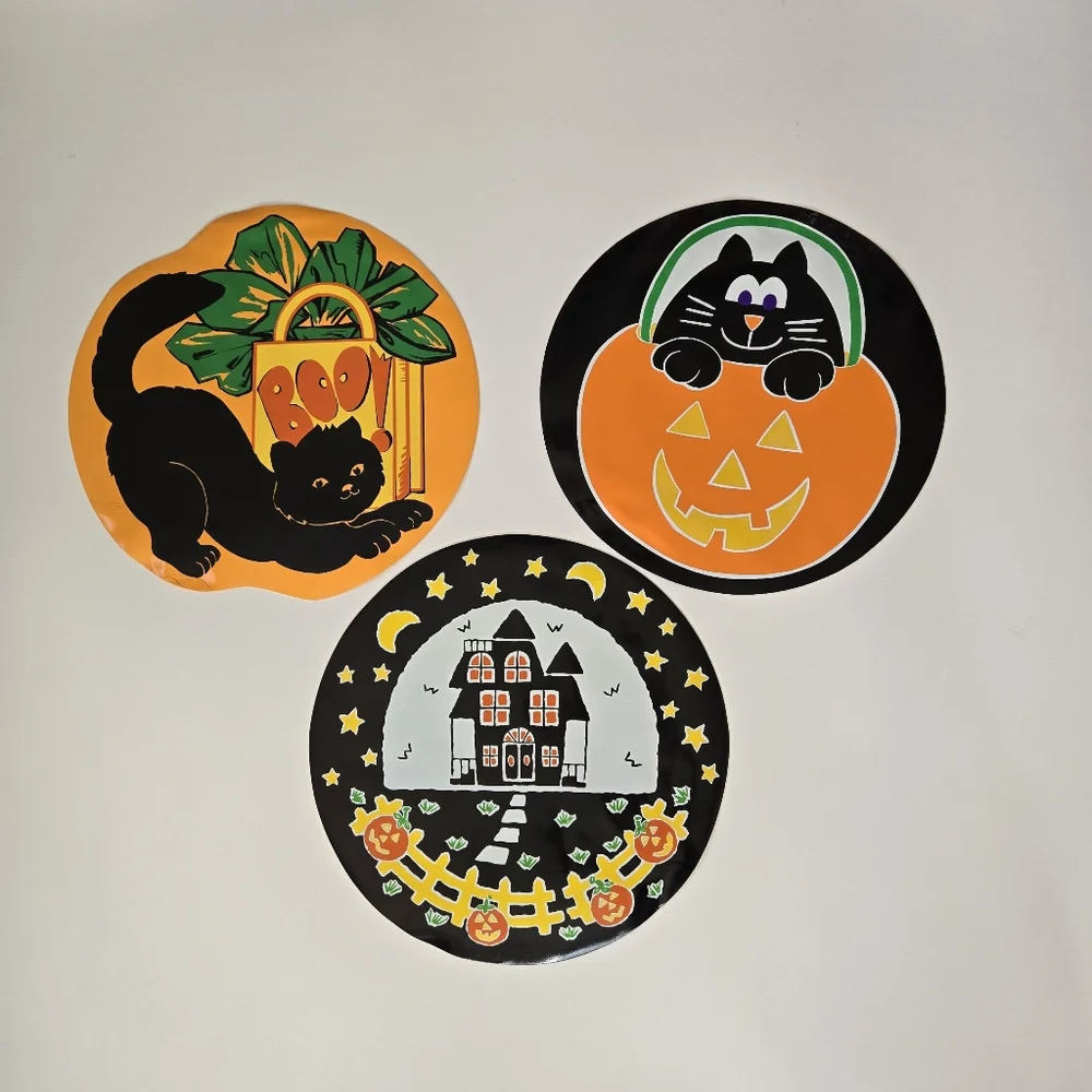 Vtg 80s Vinyl Halloween Placemats Black Cat Spooky Ghost Vinyl Nostalgia Round‎